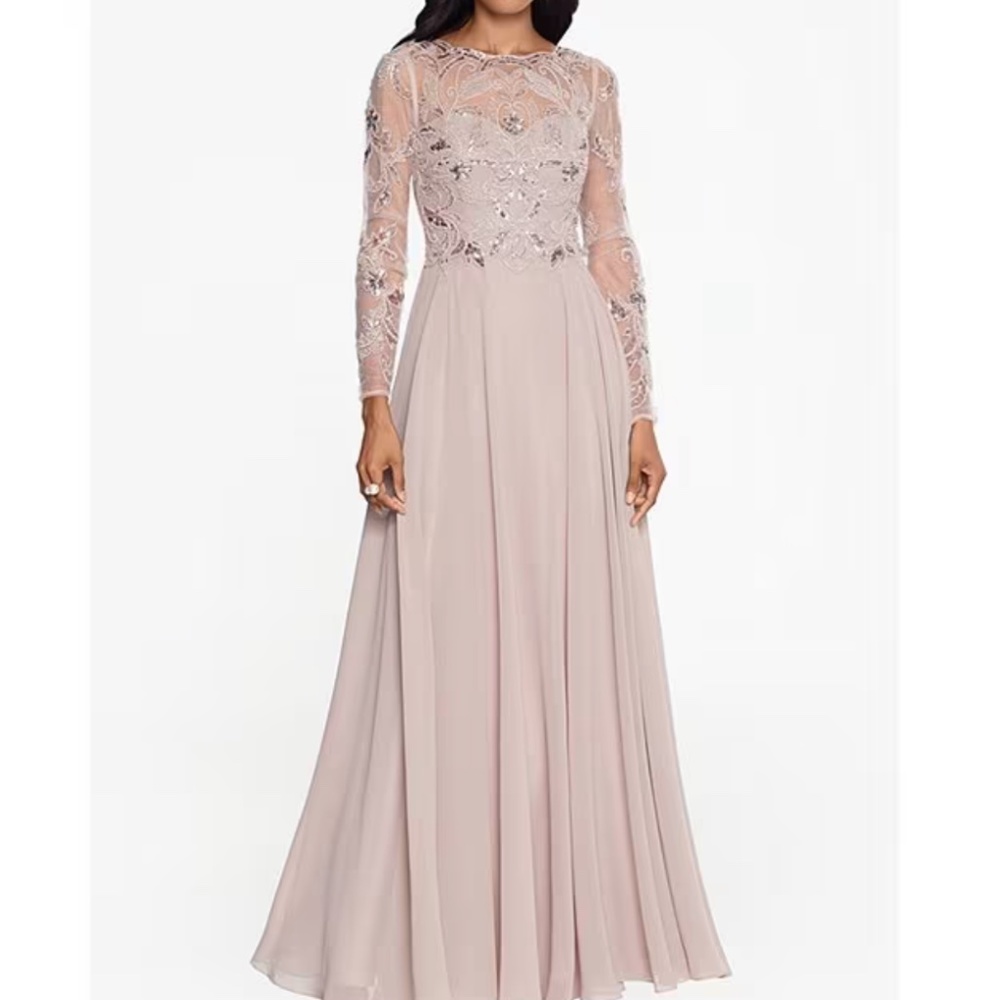 Xscape Illusion Crew Neck Long Sleeve Floral Beaded Bodice Chiffon Gown in Taupe